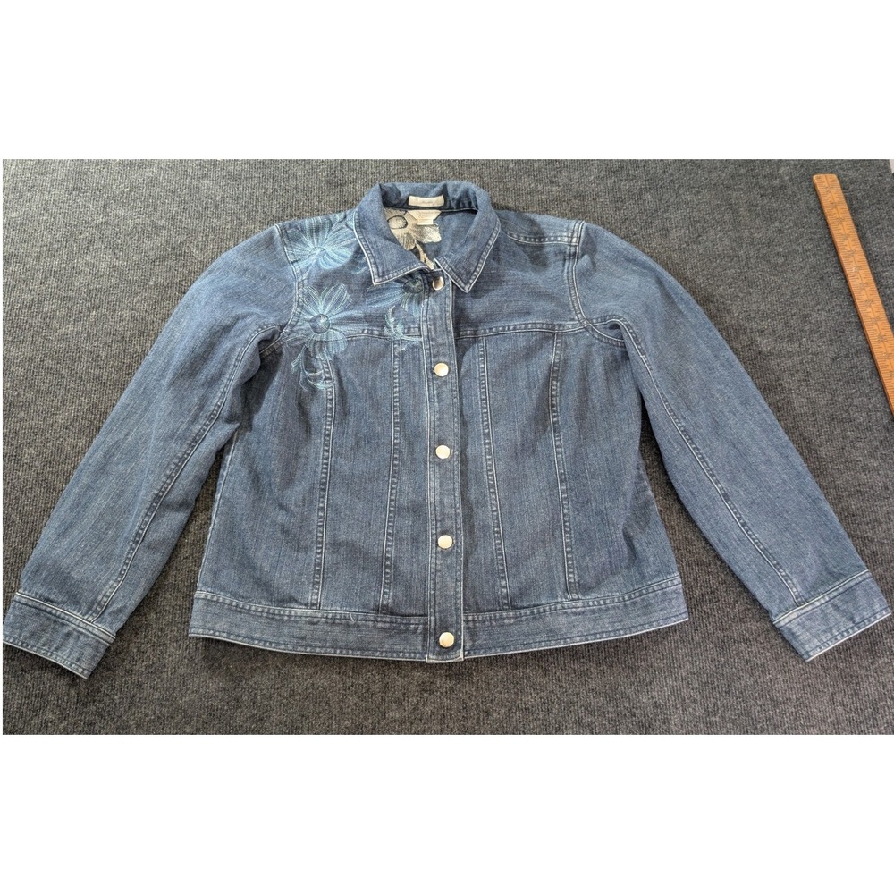 Christopher & Banks Denim Jacket Womens Large Blue Excellent Floral Embroidered